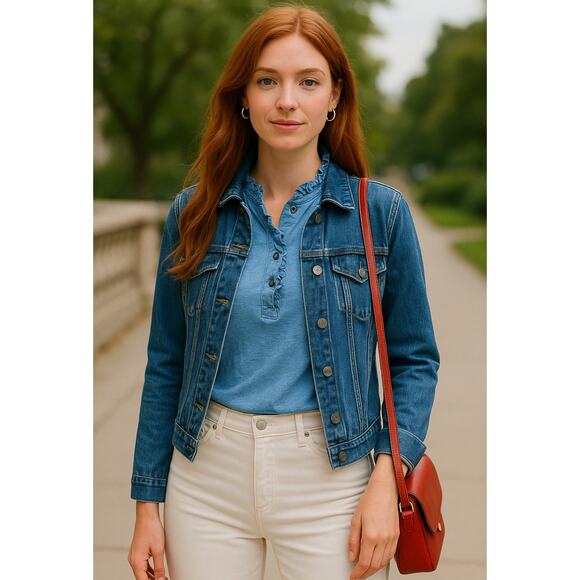 Brooks Brothers Supima Cotton Ruffle Henley Long Sleeve Top Blue Size Large - Picture 8 of 14